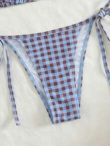 2 piezas Bikini a cuadros sexy con espalda descubierta y atar, adecuado para la playa, el escenario y los conciertos en verano - azul-marrón - Ver 5
