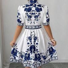 . .  Conjunto de vestido corto de manga corta con cintura ceñida y estampado floral azul y blanco, elegante y romántico para vacaciones, primavera/verano - Multicolor - Ver 3