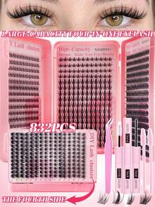 832pcs Single Lashes, Large Capacity Lash Book, Cluster False Eyelashes, DIY Home Eyelash Extension, Cluster Fake Lashes, Single False Lashes, False Eyelashes, Natural Lashes Vs Thick Lashes, DIY Cluster Lashes, Korean Lashes, Medusa Lashes, Angel Lashes, False Lashes And Glue Kit, Reusable Lash Clusters, D-Curl Flared Single False Eyelashes - 彩色 - 查看 1