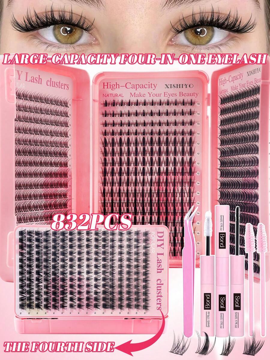 832pcs Single Lashes, Large Capacity Lash Book, Cluster False Eyelashes, DIY Home Eyelash Extension, Cluster Fake Lashes, Single False Lashes, False Eyelashes, Natural Lashes Vs Thick Lashes, DIY Cluster Lashes, Korean Lashes, Medusa Lashes, Angel Lashes, False Lashes And Glue Kit, Reusable Lash Clusters, D-Curl Flared Single False Eyelashes - 彩色 - 查看 1