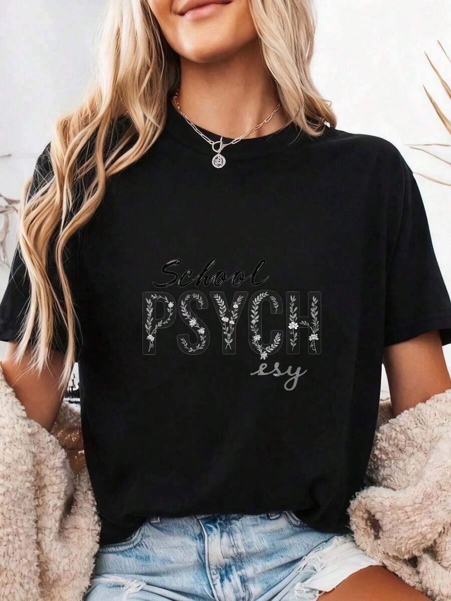 School Psychologist T-Shirt, Floral School Psychologist T-Shirt, School Psychologist Gift, Psychology Graduate Gift, School Psychologist Gift, Back To School Gift Mug, 100% Cotton - 黑色2 - 查看 1
