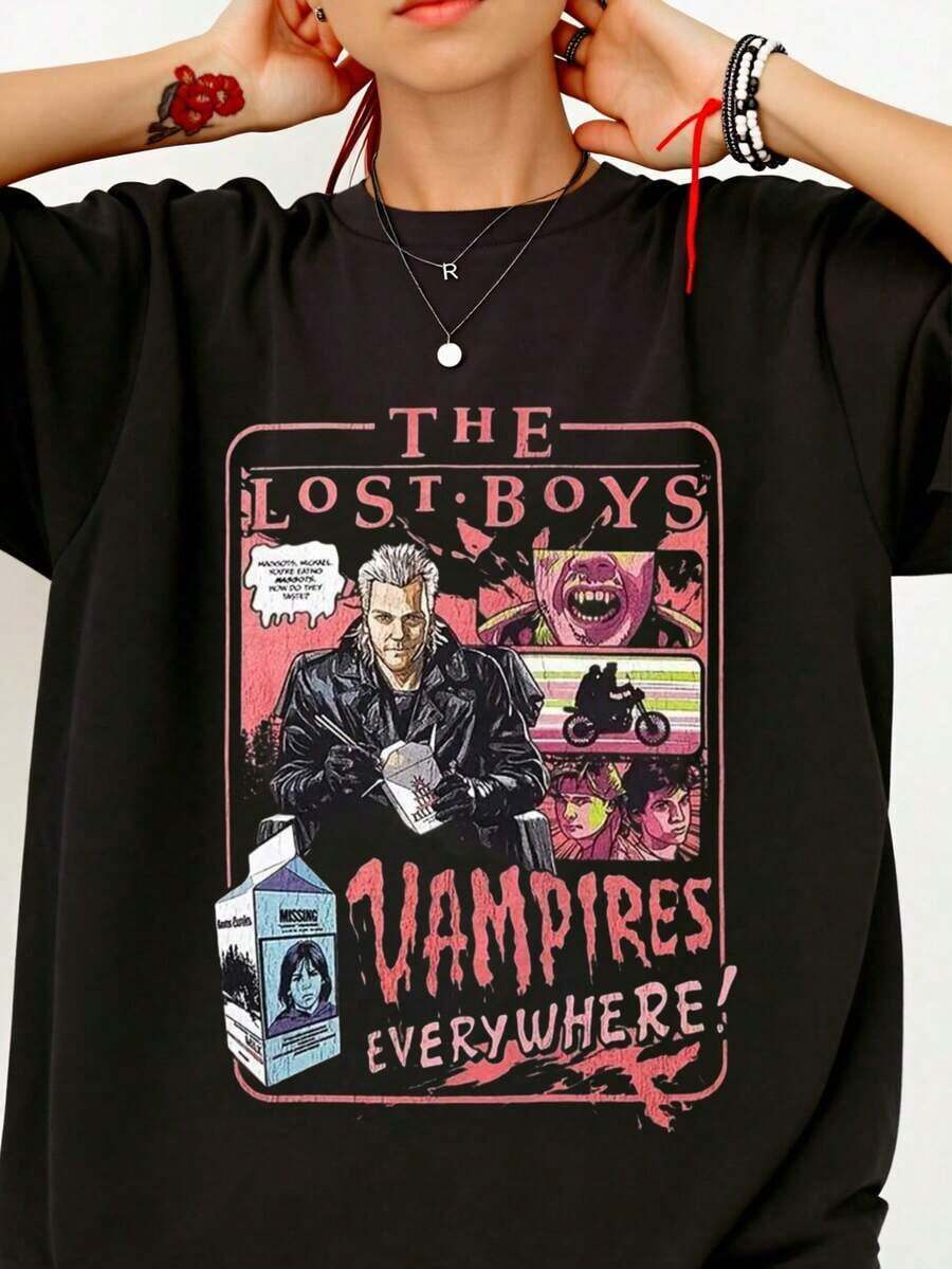Retro 80s Movie T-Shirt - Vintage Graphic Horror Movie T-Shirt Suitable For Men And Women, Iconic Print, Soft And Breathable Cotton, Loose Fit Crew Neck, Casual Wear And Gift For Fans (Iconic, 100% Cotton, 1 Piece, 180g) - 黑色 - 查看 1