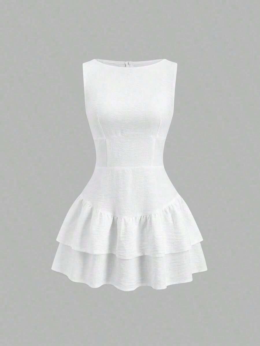 Sweetro Vestido mini de línea A con doble capa de volantes, sin mangas, en estilo vintage, romántico, elegante, juguetón, lindo, bohemio, para festivales de música, vacaciones, citas, trayectos y trabajo, apto para primavera/verano/otoño/invierno - Blanco - Ver 1