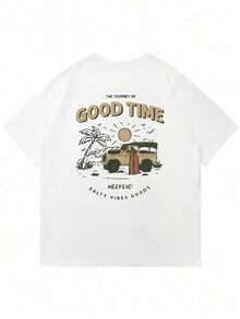 Men's Short Sleeve T-Shirt With Car And Letter Print - 白色 - 查看 8