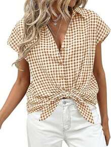 Puff Sleeve Striped Ruffle Blouse V Neck Button Front Summer Top Chic Casual Work Office Outfit For Women - 卡其格子 - 查看 2