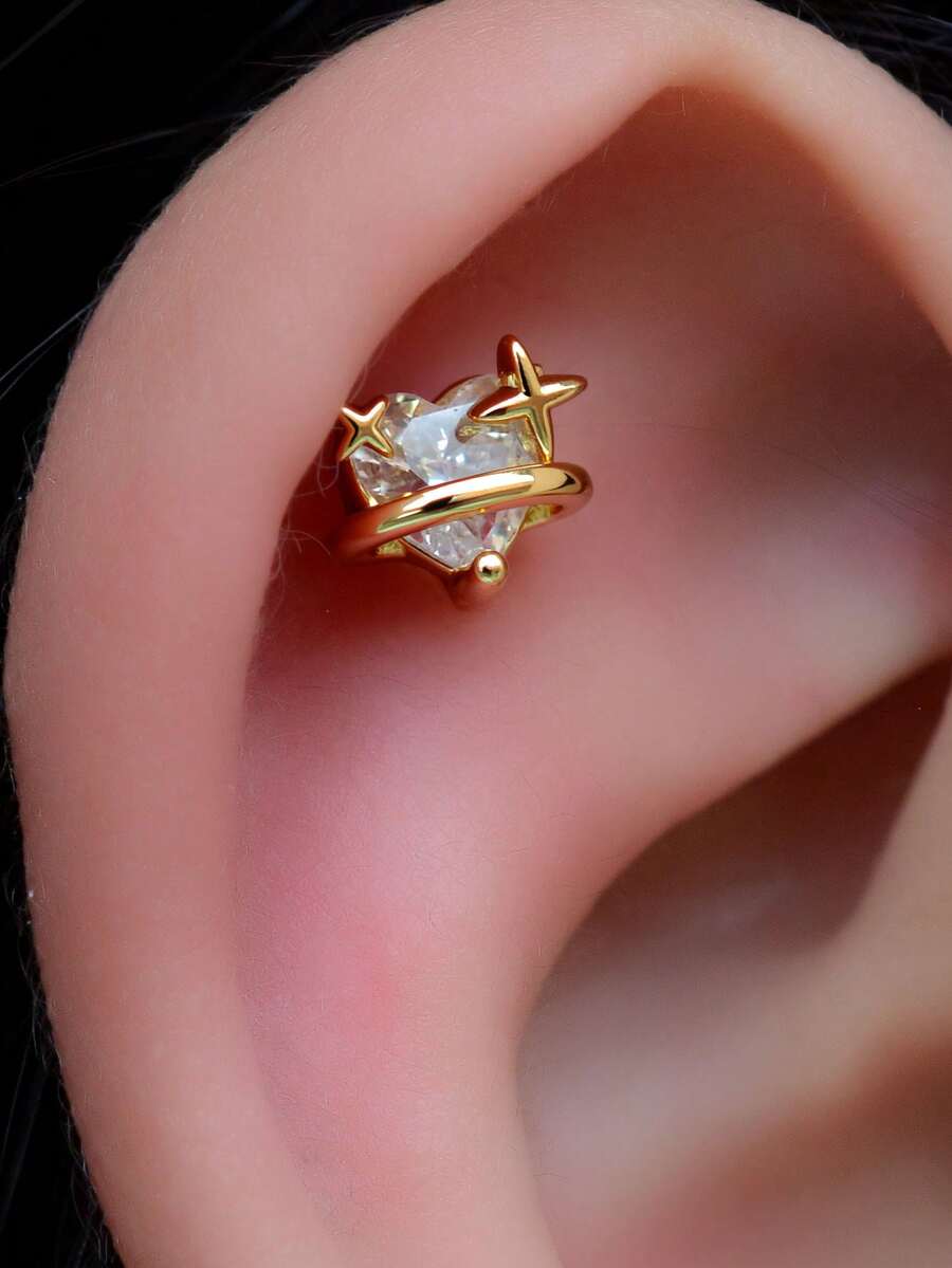 1pc Minimalist Cubic Zirconia Star & Heart Mini Stud Earrings For Women, Genuine 18K Gold Plated Flat Back Threaded Piercing, 20G Bar Cartilage Helix Earring, 2026 New Style - A Pair Of Round, Heart-shaped Planet Earrings - View 1