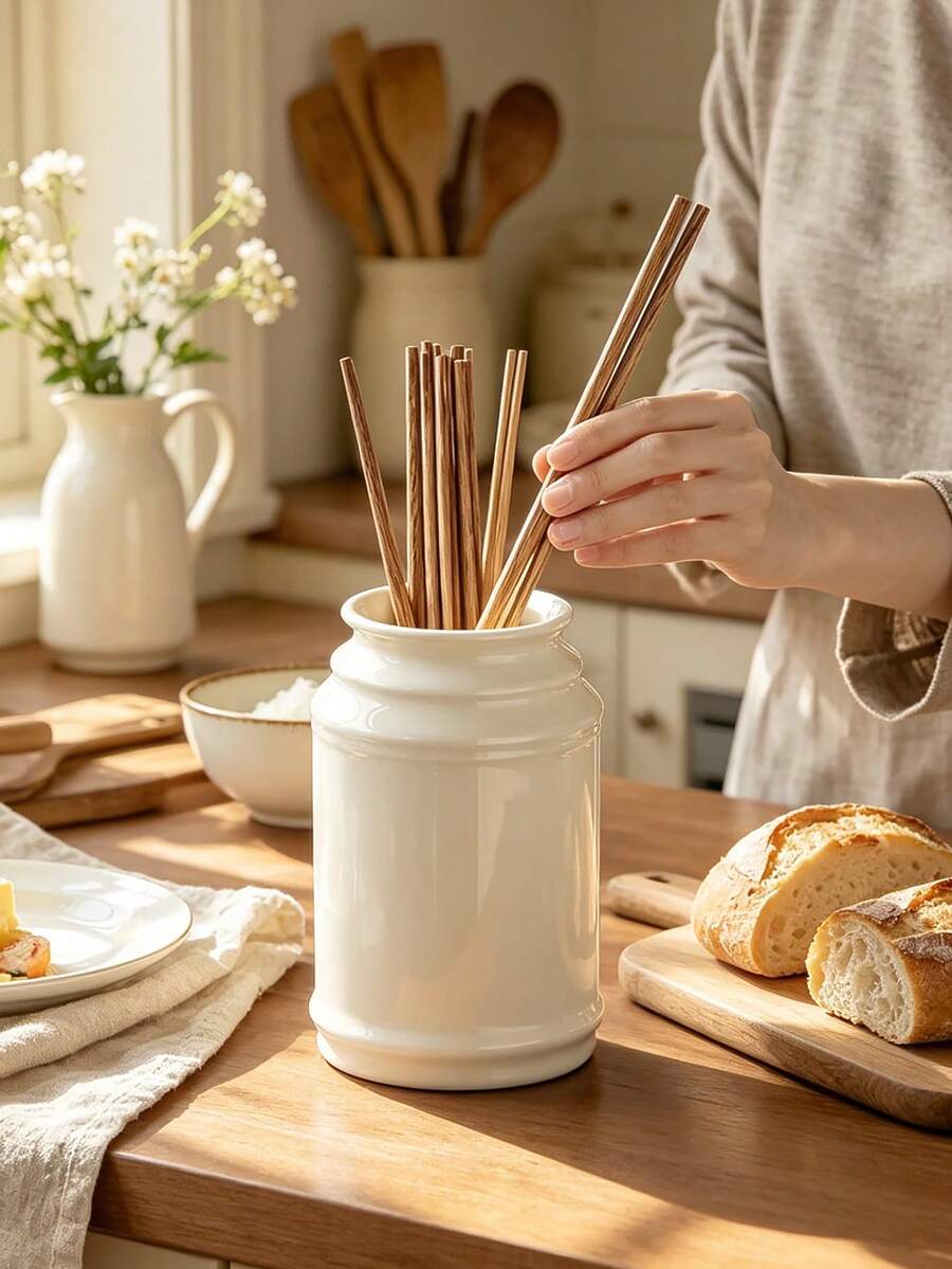 Resin Cream White Kitchen Utensil Holder, Beautiful And Practical Cooking Tool Storage Jar, Suitable For Storing Spoons, Whisks And Other Kitchen Essentials, Great Gift For Home Cooks, Perfect For Decorating Kitchen Countertops - White - View 1