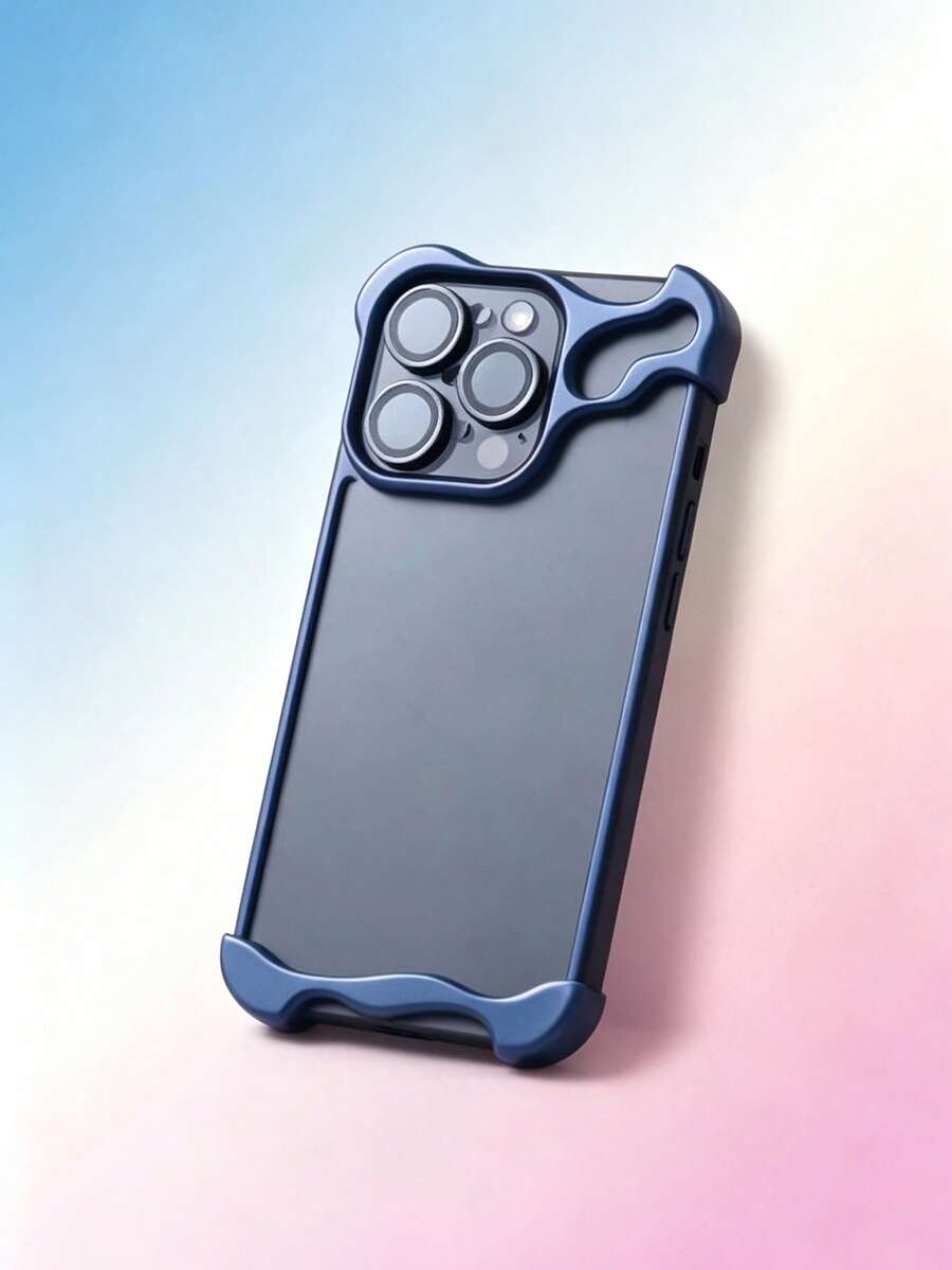 1pc Opposite Gender Skeleton Hollow Metallic Creative Phone Case, Frameless Half-Covered Protective Cover For IPhone 17 - Blue - View 1