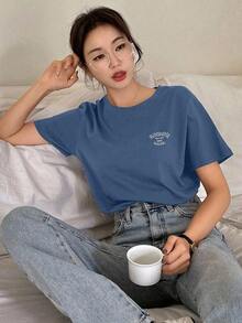 Camiseta De Manga Corta Con Estampado De Letras - Azul 2 - Ver 2