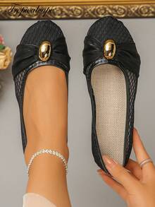 1 Pair Mesh Satin Ribbon Bow Metal Decor Gentle Intellectual Women's Round Toe Shoes For Daily Wear - Black - View 9