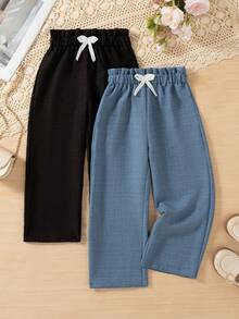 2pcs/Set Girls' Casual Everyday Outing Fashion Solid Color Bow Decor Elastic Waist Long Pants Spring/Autumn - Multicolor - View 1