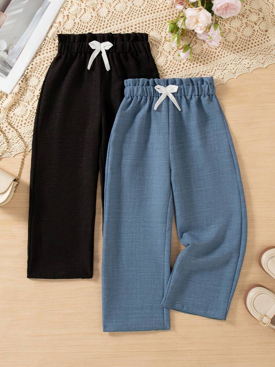 2pcs/Set Girls' Casual Everyday Outing Fashion Solid Color Bow Decor Elastic Waist Long Pants Spring/Autumn - Multicolor - View 1