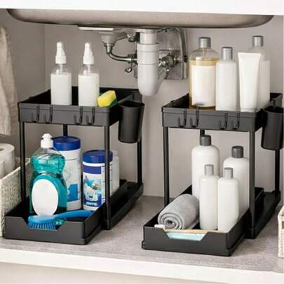 Under Sink Storage Rack 2 Pack, 2 Tier Sliding Cabinet Organizer For Bathroom Kitchen, Double Drawer Pull Out Basket With Handle, Multi-Purpose Shelf For Countertop Pantry Laundry, Space Saving Rack With 5 Side Hooks Plus 3 Hanging Baskets, Black, Bottom Drawer Glides Out Smoothly, Top Shelf Holds Items Up To 10.2 Inches Tall, No Tools Needed, Just Connect 2 Support Rods And Press To Level, Strong ABS Plastic And Thickened Metal Rods, Reinforced Base, Hollow Design For Drainage, Easy Damp Cloth Clean, Lower Size 15"L X 8"W X 13"H, Upper Size 15"L X 8"W, Great For Bathroom Vanity, Kitchen Sink, Laundry Cabinet, Pantry, Office, Garage, Dorms, RVs