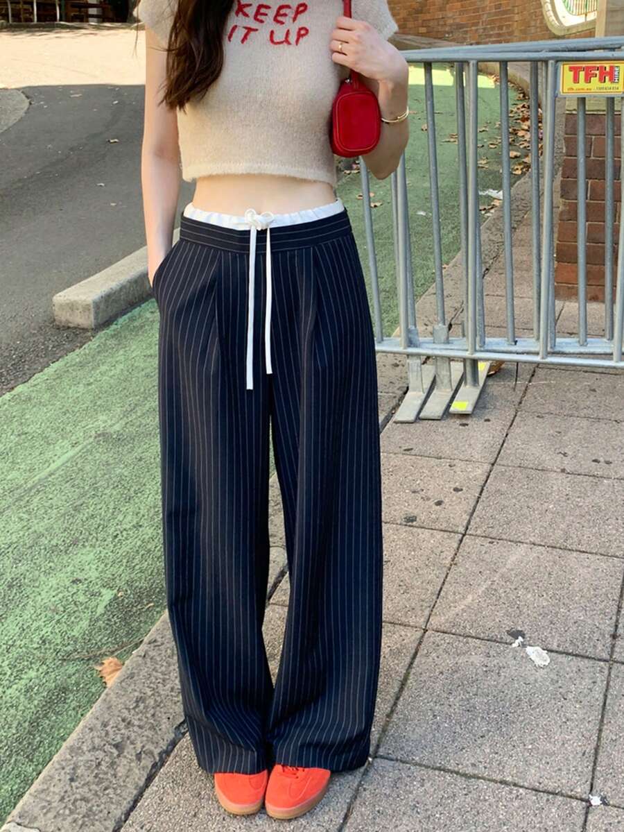 复古拼接高腰系带休闲条纹阔腿裤,百搭显瘦,适合春秋季穿着 - 藏蓝色 - 查看 1