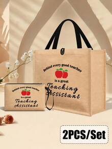Teacher Theme Tote Bag And Makeup Bag Set, Apple Pattern Shopping Bag, Suitable For Weddings, Birthdays, Beach And Holidays, Perfect Gift For Family And Friends. This Large Set Is Very Suitable For Students To Use - Multicolor - View 13