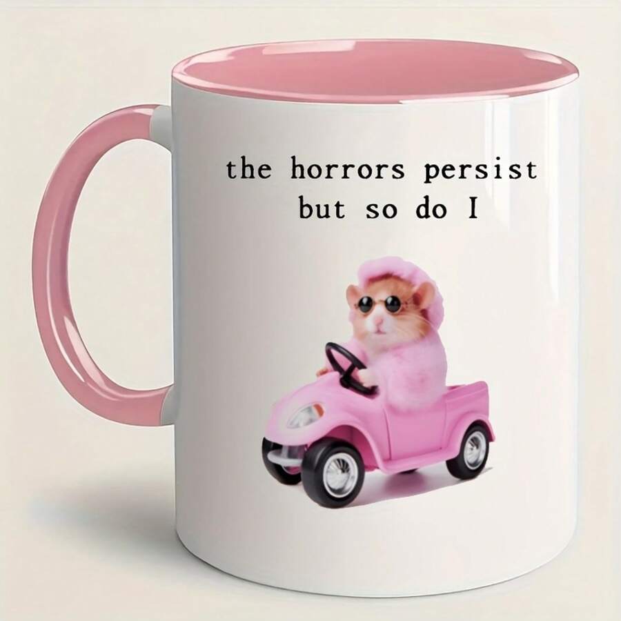 [24-Hour Shipping Within Mexico] Double-Sided Print Mug, A Ceramic Coffee Mug With A Print Of A Happy Pink Hamster Driving A Car, 11-Ounce Capacity. This Reusable Mug Is Perfect For Both Summer And Winter Drinks And Makes A Great Gift For Various Occasions, Including Home And Party Decorations, Birthdays, And More. - 6 - 查看 1