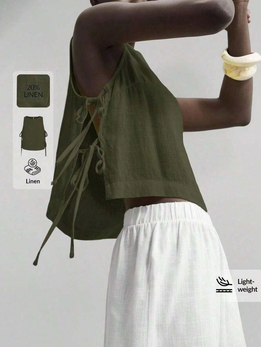 Ontre Estilo Estocolmo 2026SS, Conjunto de maestra para mujer, Conjunto informal y holgado para festival de música, Estilo de vacaciones, Material de lino, Decoración de lazo lateral, Blusa negra de cuello redondo sin mangas, Blusa de mujer, Uso diario casual de negocios - Verde militar - Ver 1