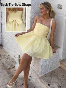 Vestido mini de línea A con tirantes de lazo francés adelgazante, hombro único y manga abullonada, nuevo estilo de moda verano 2026, adecuado para vacaciones, fiesta, playa, boda, baile de graduación, cumpleaños, vestido amarillo, vacaciones, concierto, Y2K, trayecto, cita elegante - amarillo ganso - Ver 9