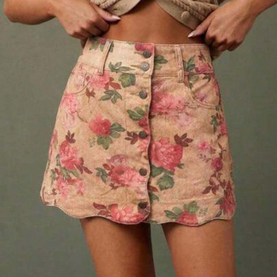 guangzhougaolangshangmao Falda vaquera mini de línea A con estampado de flores, de algodón 100%, con botones delanteros y cintura alta con escote ondulado. Casual, linda, para otoño, invierno, estilo bohemio, vestimenta occidental para mujer, atuendo para conciertos de música country - Albaricoque - Ver 1