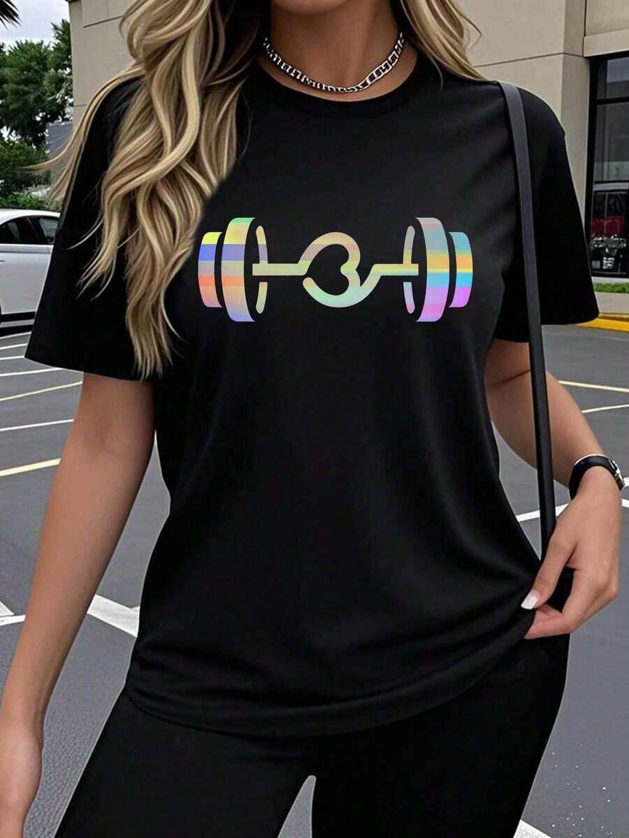 Under The Radar Women's One-Piece Short Sleeve T-Shirt With A Gradient Heart And Bar Print – A Popular, , Artistic, Creative, And Fun Design. This Breathable And Stretchy Crew Neck T-Shirt Is Comfortable For Outdoor Wear In Spring, Summer, And Fall. Y2K Pure Cotton T-Shirt – Cute Vintage Street Style Unisex Loose Cotton Short Sleeve Crew Neck T-Shirt - 黑色 - 查看 1