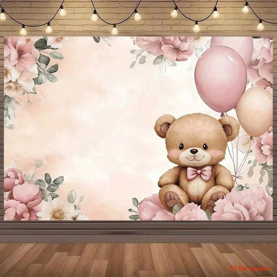 Phông nền phẳng 2D hình gấu bông đáng yêu, với hình ảnh gấu bông, hoa hồng, bóng bay và họa tiết hoa mộng mơ. Hoàn hảo cho tiệc rửa tội, tiệc tiết lộ giới tính, tiệc mừng em bé chào đời, tiệc sinh nhật, trang trí phòng và phông nền chụp ảnh.
