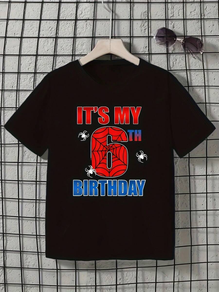 Camiseta Casual de Cuello Redondo para Niños de Verano, Camiseta de Moda para Adolescentes, Poliéster, Tejido de Punto, Corte Regular para Primavera/Verano, Camiseta con Patrón Geométrico - Negro - Ver 1
