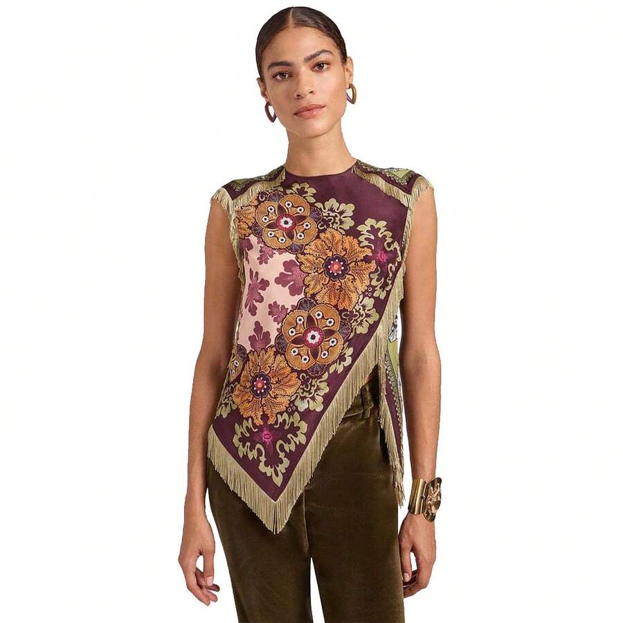 Women Vintage Floral Tassel Top Irregular Hem Cross Design Short Sleeve Zipper Shirt Casual Chinese Style Daily Outfit - Multicolor - View 1