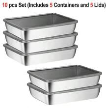 10 PCS Set (Includes 5 Containers And 5 Lids) Stainless Steel Food Storage Containers, Large Square Food Boxs With Black Lid, Leak-Proof Stackable, Ideal For Fruit, Veggie And Salad, Kitchen Meal Prep, Fridge Storage, Perfect For Home And Outdoor - Multicolor - View 5