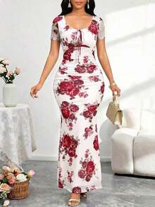 Lady Vestido de manga corta de talla grande con patrón de mármol y drapeado ajustado de longitud media, vestido rosa para fiestas elegantes, uso diario, cuatro estaciones, vestidos para cruceros, atuendos de verano para mujer, vestidos midi para cumpleaños y eventos, vestidos de oficina, vestidos de iglesia, vestidos de boda, vestidos de vacaciones, vestidos de invitada de boda, vestidos elegantes y de clase para mujer - Rosa 2 - Ver 6