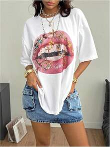 Y2K - Women's T-Shirts With Lip Print, Round Neck, Short Sleeve, Loose Fit And Versatile Shirt - 白色的 - 查看 2