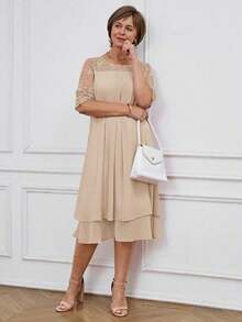 Vestido de mujer elegante con volantes y encaje, vestidos de verano para mujeres, atuendo de vacaciones para mujeres, primavera y verano - Caqui - Ver 5