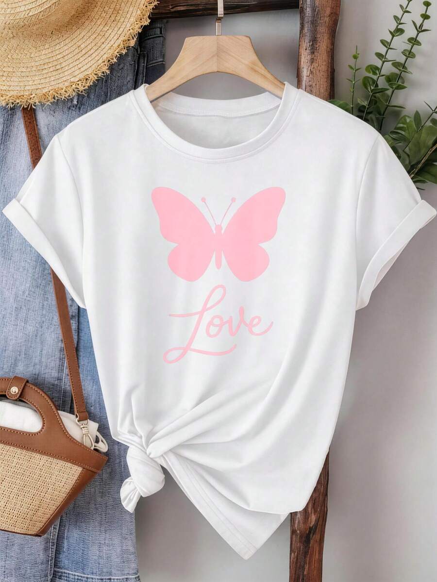 Women's Round Neck T-Shirt With Aesthetic Print, Pink Butterfly And Heart Design, Loose Fit For Dates, Nights Out, Casual And Cute Style. - 白色 - 查看 1