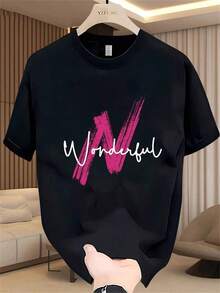 Cool Casual Summer T-Shirt For Men, Printed, Short Sleeve, Heavyweight Pure Cotton, Korean And Japanese Style, Versatile Print For Men. Summer Outfits For Women - 黑色 - 查看 6