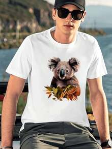 T-shirt casual da uomo con stampa grafica di koala, autunno, girocollo, vestibilità comoda, street hip-hop, vestibilità confortevole, design grafico - Bianco - Visualizzare 2