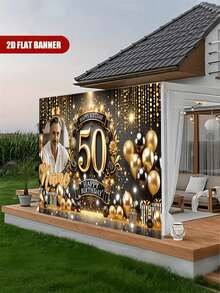 Personalized Birthday Celebration Backdrop, Customized Black Theme Birthday Poster With Photo, Inkjet Printed Vinyl Material Party Banner, Wall Decor Welcome Sign - Multicolor - View 4