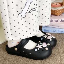 Sandálias Mary Jane de Moda Versátil Verão Novo, Sapatos Confortáveis de Bottom Macio com Pérolas Doces e Conchas, para Uso Interno, Externo, Praia e Jardim - Preto - Visão 4