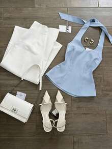 Conjunto de 2 piezas de top halter anudado casual y pantalones de pierna ancha para mujer, apto para uso diario y de oficina, adecuado para primavera/verano - Multicolor 5 - Ver 6
