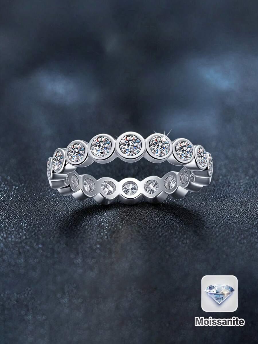 1pc Elegant Luxury 925 Silver 3.0mm X 17pcs, Total 1.7 Carat Moissanite Round Halo Ring, Suitable For Women's Daily Wear, Party, Vacation, Valentine's Day, Mother's Day, Wedding Anniversary, Women's Jewelry Gift - Silver - View 1