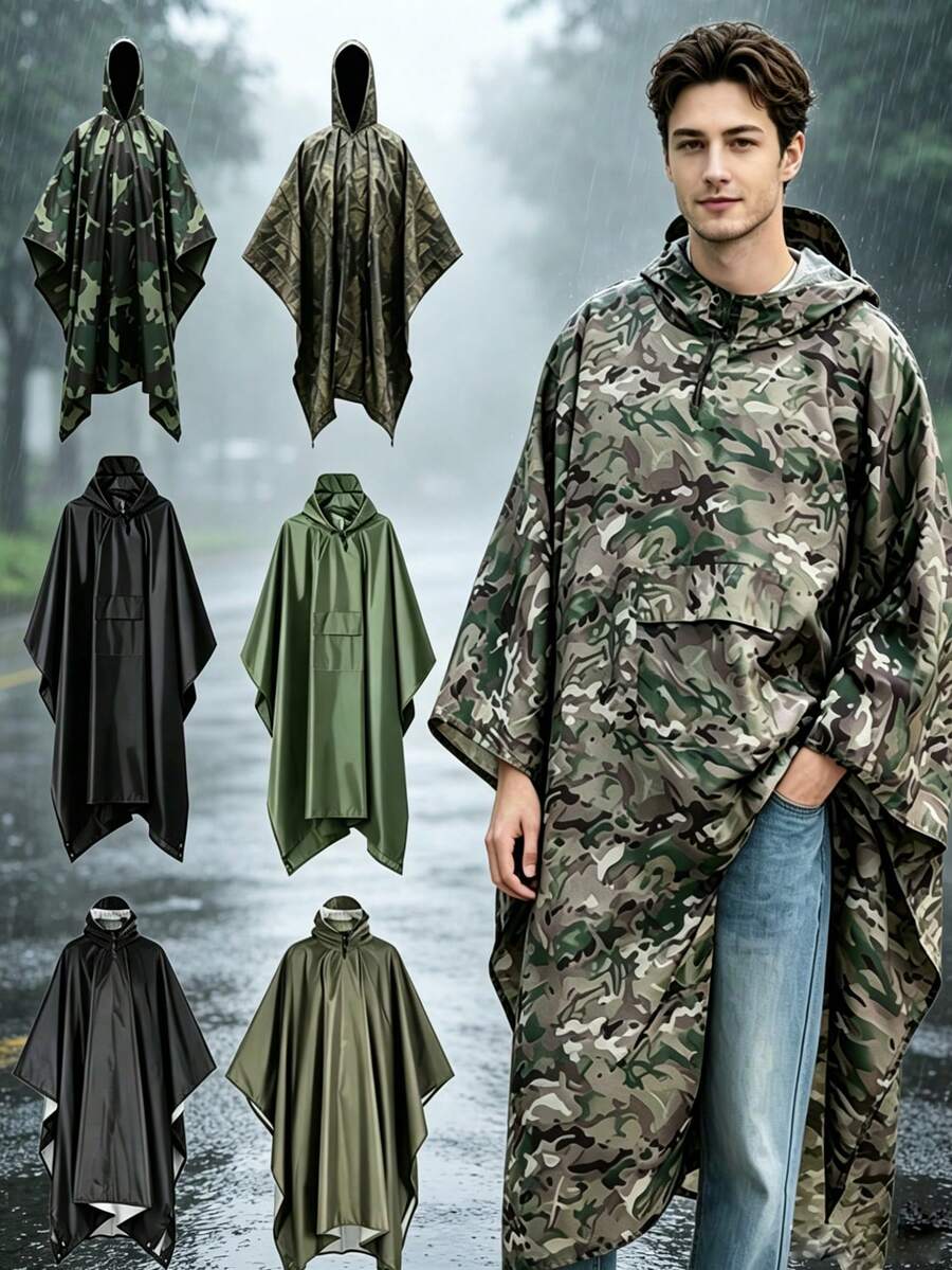1 pezzo Impermeabile con cappuccio 3-in-1 da donna, poncho multifunzionale impermeabile per escursionismo e campeggio, realizzato in nylon resistente all'usura rivestito in PU, con cappuccio con cordino e fibbie laterali, grande attrezzatura da pioggia mimetica adatta per attività all'aperto - Multicolore - Visualizzare 1