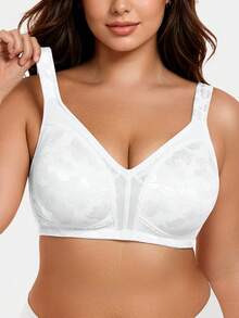 Plus Size Shaping Bra, Wireless With Wide Straps, Soft & Comfortable Jacquard Fabric, Full Coverage Unpadded, For Everyday Wear - White - View 3