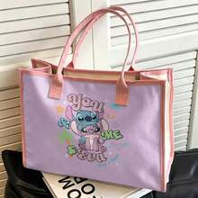 Miniso Disney Lilo & Stitch And Angel Canvas Tote Bag Print On Purple Background Pink Trim Large Capacity Reusable Shopping Handbag Versatile For Work School & Travel - Pink - View 6