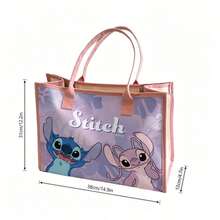 Miniso Disney Lilo & Stitch And Angel Canvas Tote Bag With Cute Print On Purple Background Pink Trim Large Capacity Reusable Shopping Handbag Versatile For Work School & Travel - Black - View 5