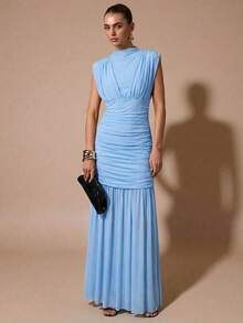 xheSHEIN  Vestido negro envolvente de gasa elegante con pliegues, adecuado para citas románticas, fiestas, eventos formales, vestidos de dama de honor, vestido de verano para mujer, vestido para té, Año Nuevo, Día de San Valentín, vestido mini de cumpleañosxhe - Celeste - Ver 4