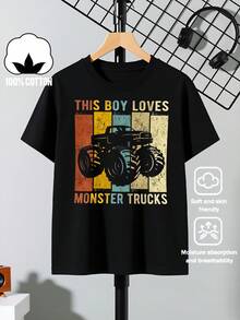 Boys' T-Shirt "This Boy Loves Monster Trucks" 100% Cotton, Soft And Comfortable For Everyday Wear, Suitable For Home, Outdoors And Sports Activities, Comfortable And Breathable - 黑色 - 查看 7