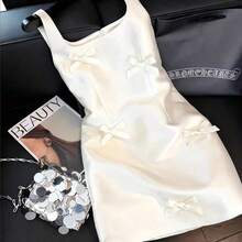 Vestido mini de estilo francés con tirantes de acetato y lazo, vestido elegante con cintura ceñida en color albaricoque, adecuado para fiestas, graduaciones, vacaciones, San Valentín, festivales de música, Día de la Madre, Acción de Gracias, Pascua, Día Nacional, bailes, citas, bodas, salidas - Albaricoque - Ver 2