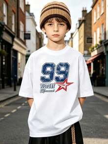 Boys' Soft, Casual Summer Short-Sleeved Crew Neck T-Shirt With "99 Victory" Sporty Print. Suitable For Everyday Wear And Outdoor Activities. White - 白色 - 查看 8