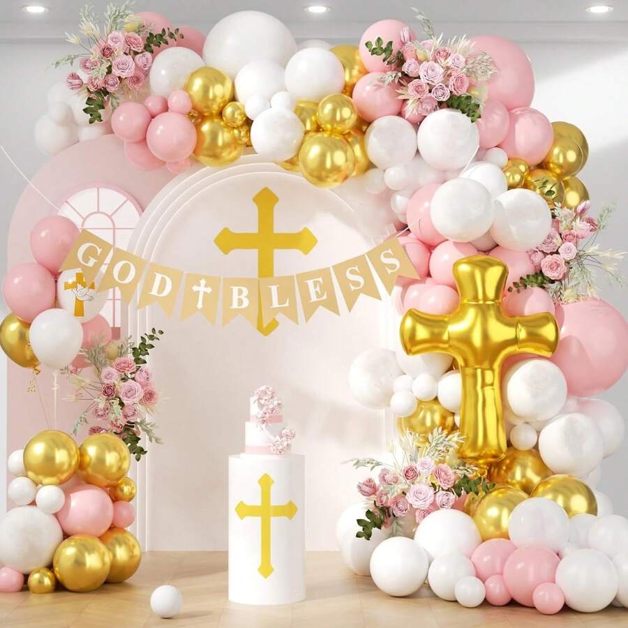 Rosa Ballon Bogen Set (131 Stücke), geeignet für Erste Kommunion, Taufe, Gottes Segen Ballon Bögen, kann für Erste Kommunion, Tauffeier, Babyparty, Geburtstag und andere Anlässe verwendet werden. - Übersicht 1