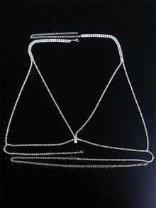 Cadena de pecho con cristales y brillantes clásica para mujer, accesorio de joyería corporal sexy para fiestas - Plateado - Ver 3
