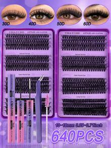 544/640/180 Clusters D Curl Reusable False Eyelash Book, Classic Eyelash Set With Glue, Brush, Tweezers, Suitable For Beginners, Soft Natural Segmented Eyelashes, Fluffy Mixed DIY Eyelashes, Easy For Daily Makeup Use, Gift For Her - Purple - View 21