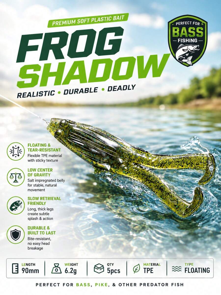 KINGDOM Señuelo suave flotante con sombra de rana 5 PIEZAS/Paquete 90mm 6.2g, Material TPE resistente al desgarro, Diseño de centro de gravedad bajo, Recuperación lenta, Impregnado de sal en la barriga, Adecuado para black bass, snakehead, lucio - Multicolor - Ver 1
